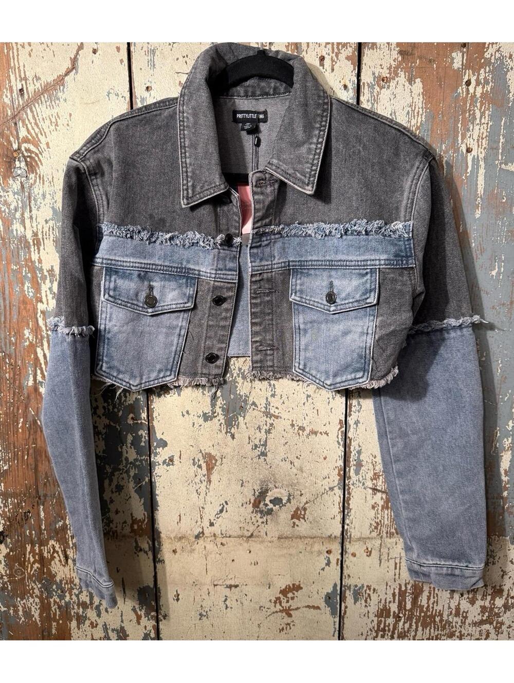 NWT PrettyLittleThing Washed Gray Double Layered Denim Cropped Jean Jacket 2 XS